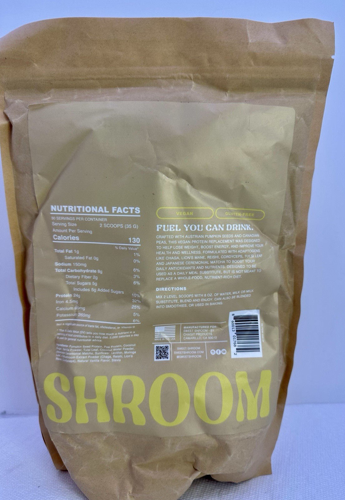 Sweet Shroom Vanilla Mushroom Pumpkin Seed& Pea Protein Powder 36 Oz-24 Gram/srv