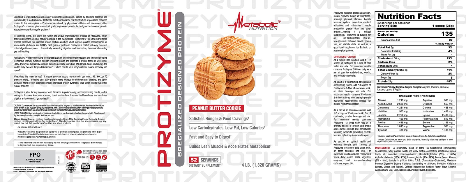 Metabolic Nutrition Protizyme 100 Whey Protein Powder High Protein Carb Fat