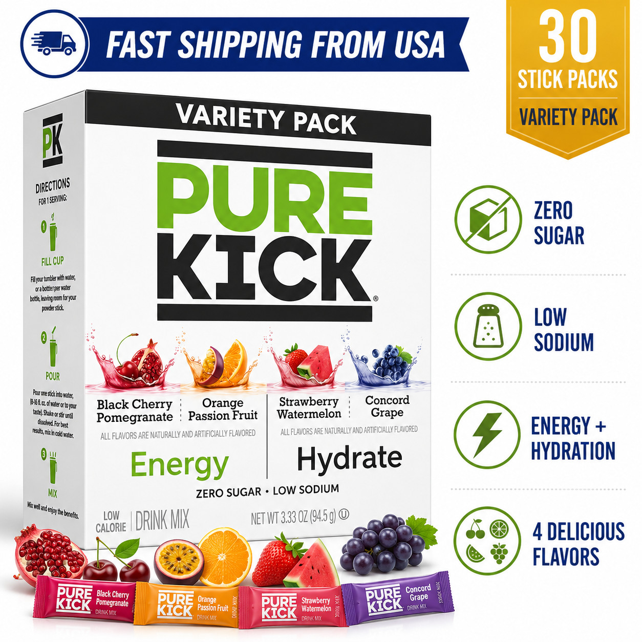 Pure Kick Energy & Hydration Electrolyte Powdered Drink Mix Variety pack, 30 Ct
