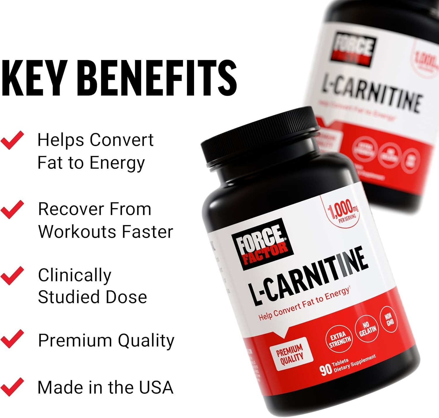 Force Factor L-Carnitine 1000 mg Capsules 90 Count for Weight Management
