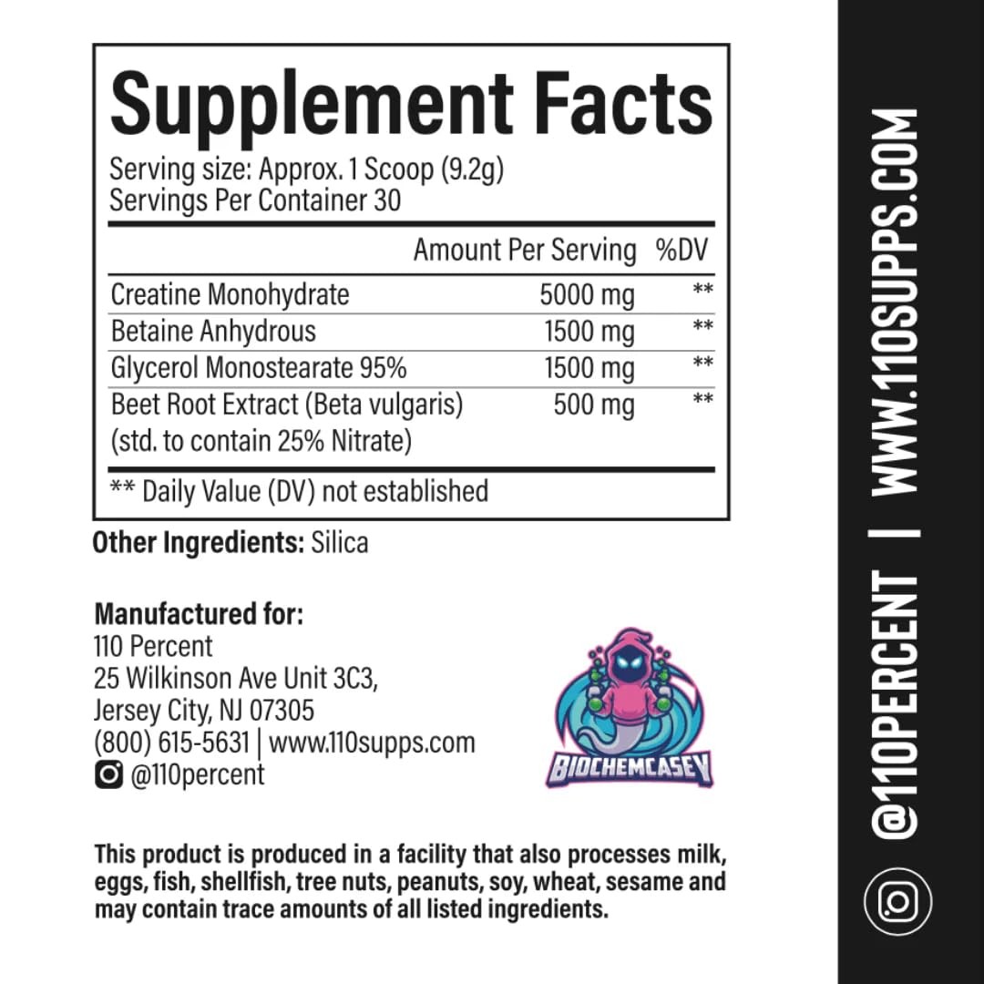 110 Percent Creatine Plus Powder 5g Monohydrate Betaine Glycerol Unflavored 30