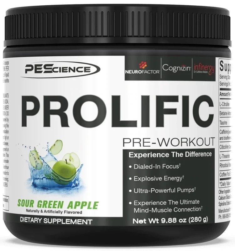 PEScience Prolific Pre-Workout Sour Green Apple 9.88 OZ EXP: 08-26+