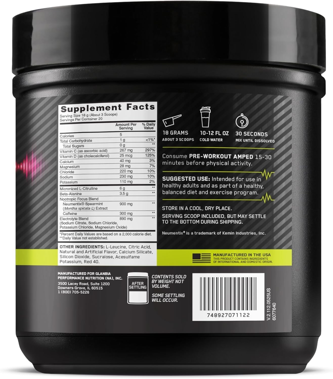 Amped Pre-Workout Powder – Berry Fusion, 20 Servings with Citrulline & Caffeine
