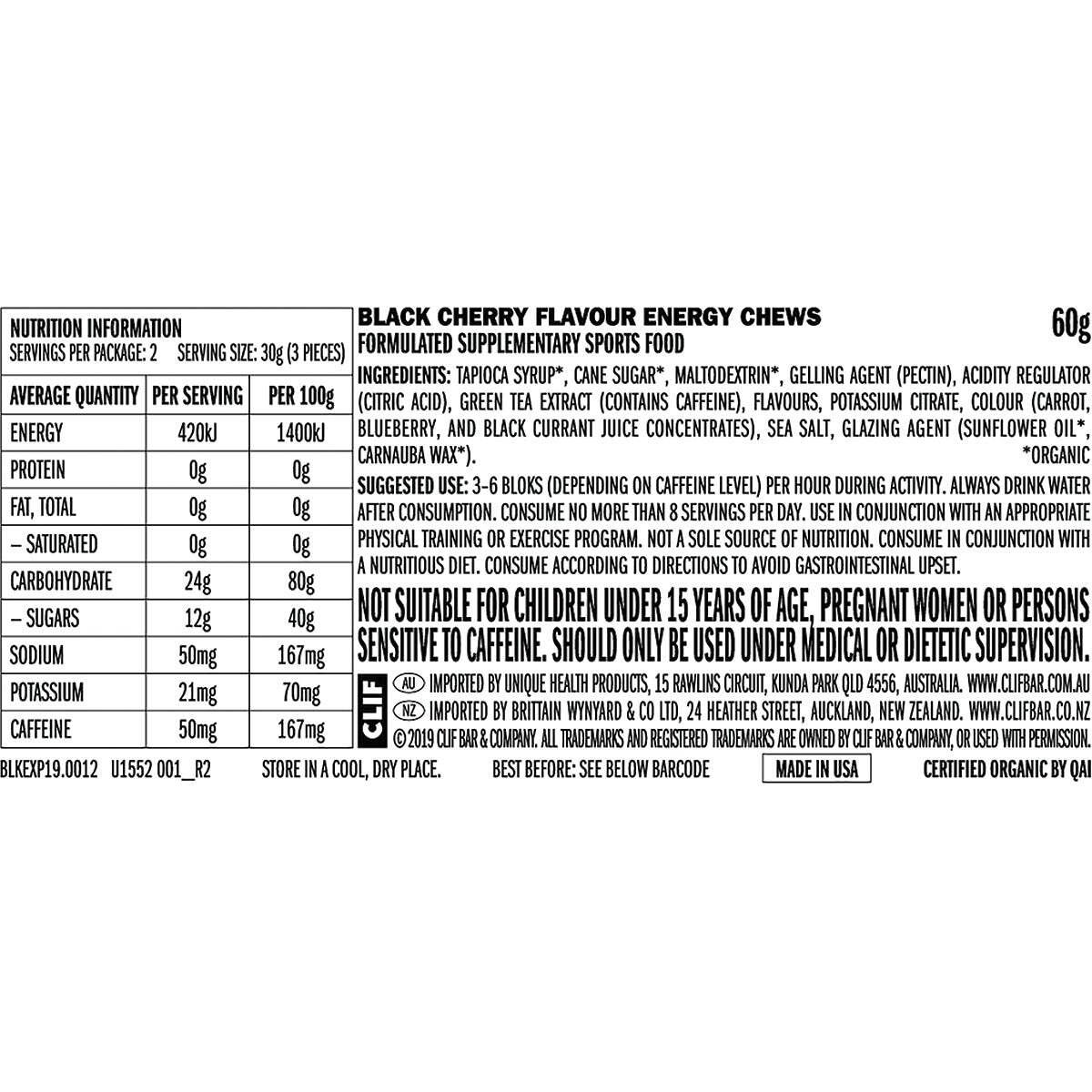 CLIF Bloks Energy Chews Black Cherry 50mg Caffeine 60g (Pack of 18)
