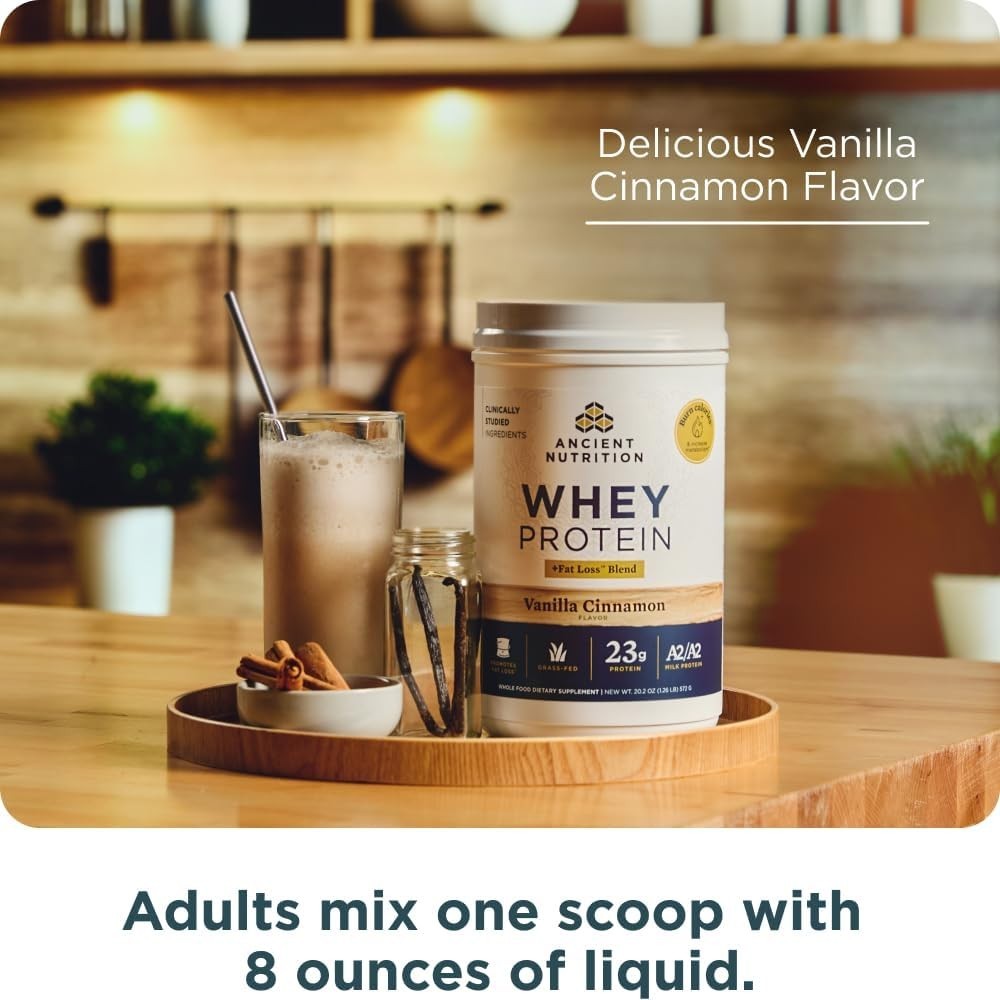 Ancient Nutrition Grass Fed Whey Protein Powder Vanilla Cinnamon 23g Fat Loss