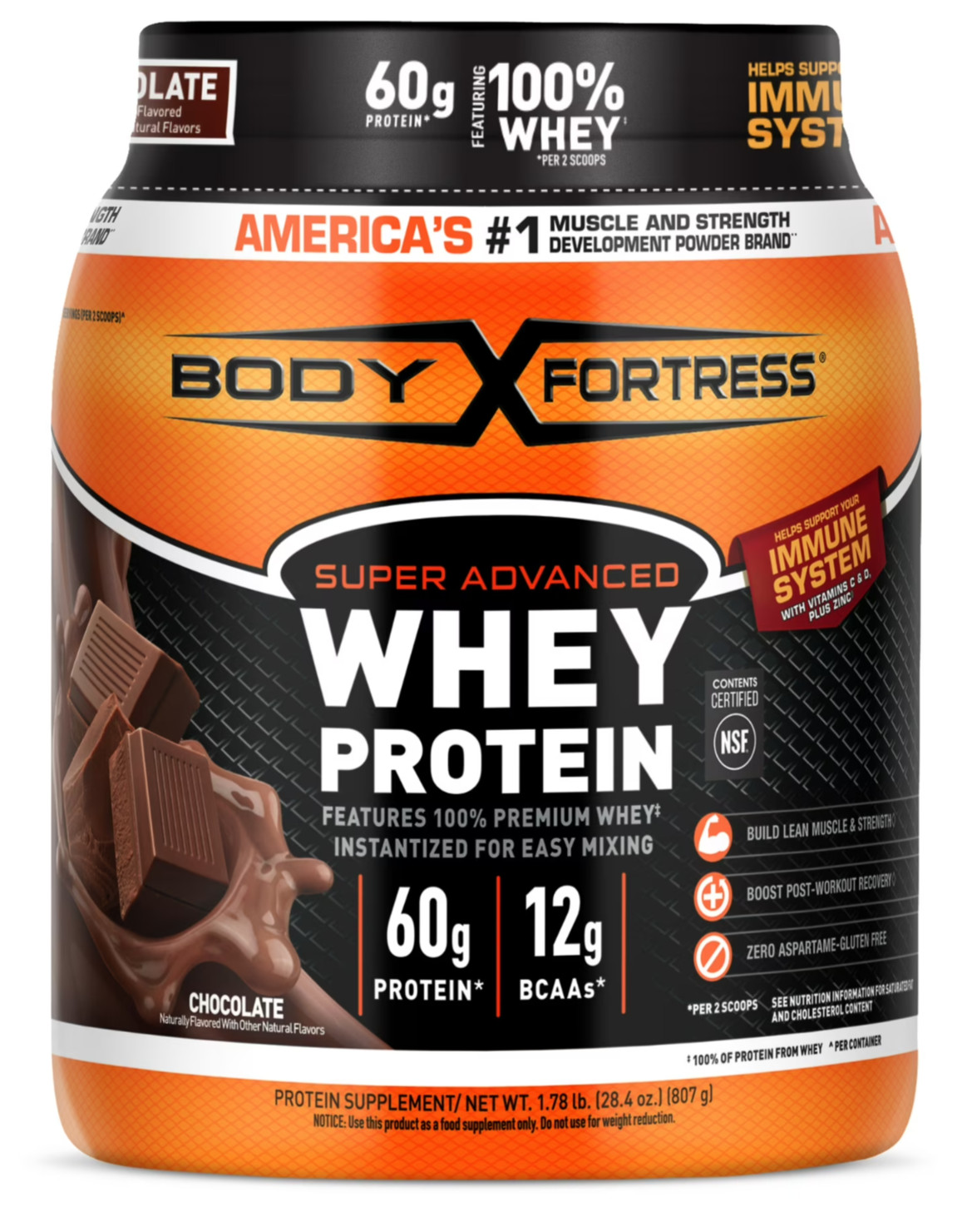 Body Fortress Super Advanced 100% Premium Whey Protein Powder Chocolate 1.78lb