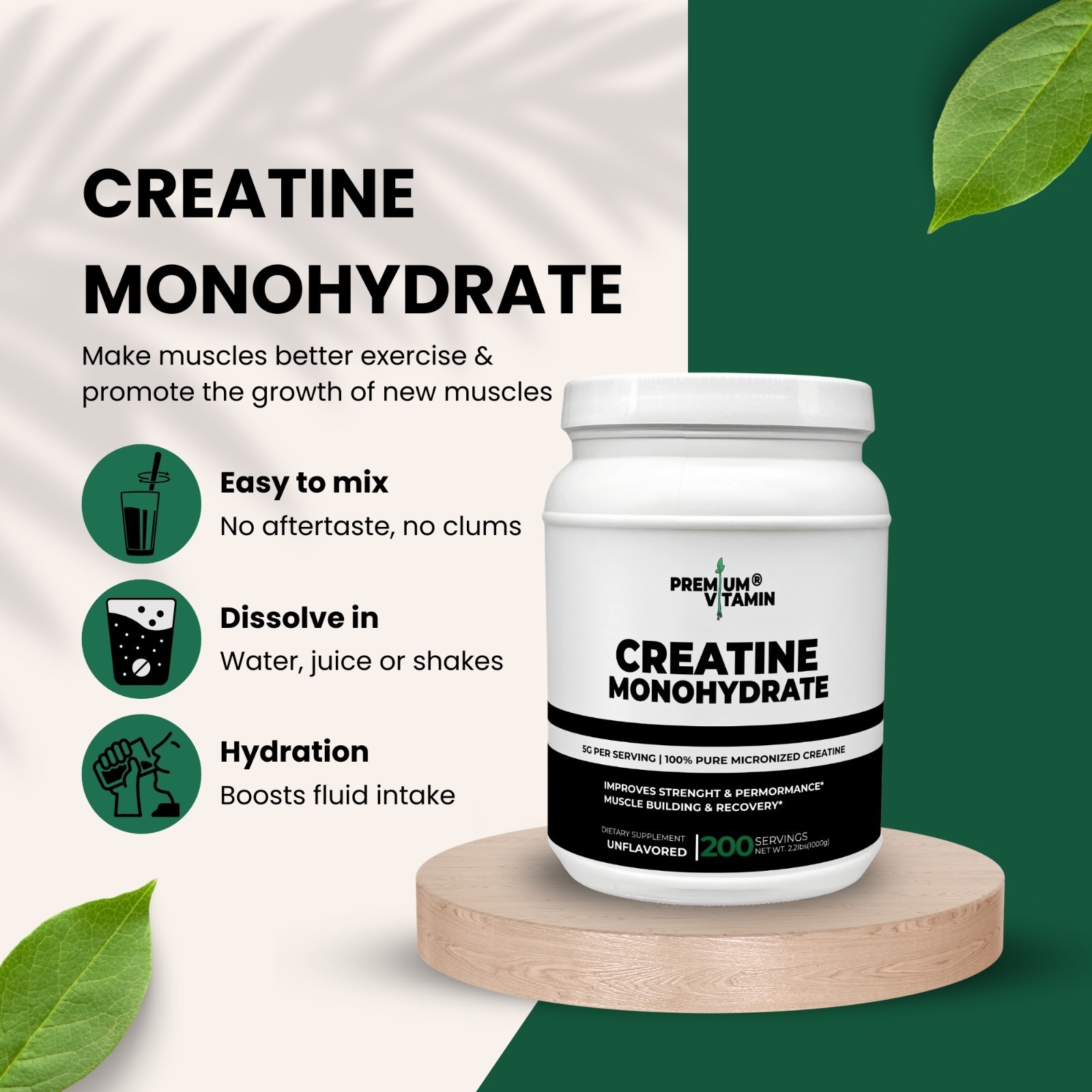 Creatine Monohydrate Powder Muscle gain Micronized 5g per serv 1000g Unflavored