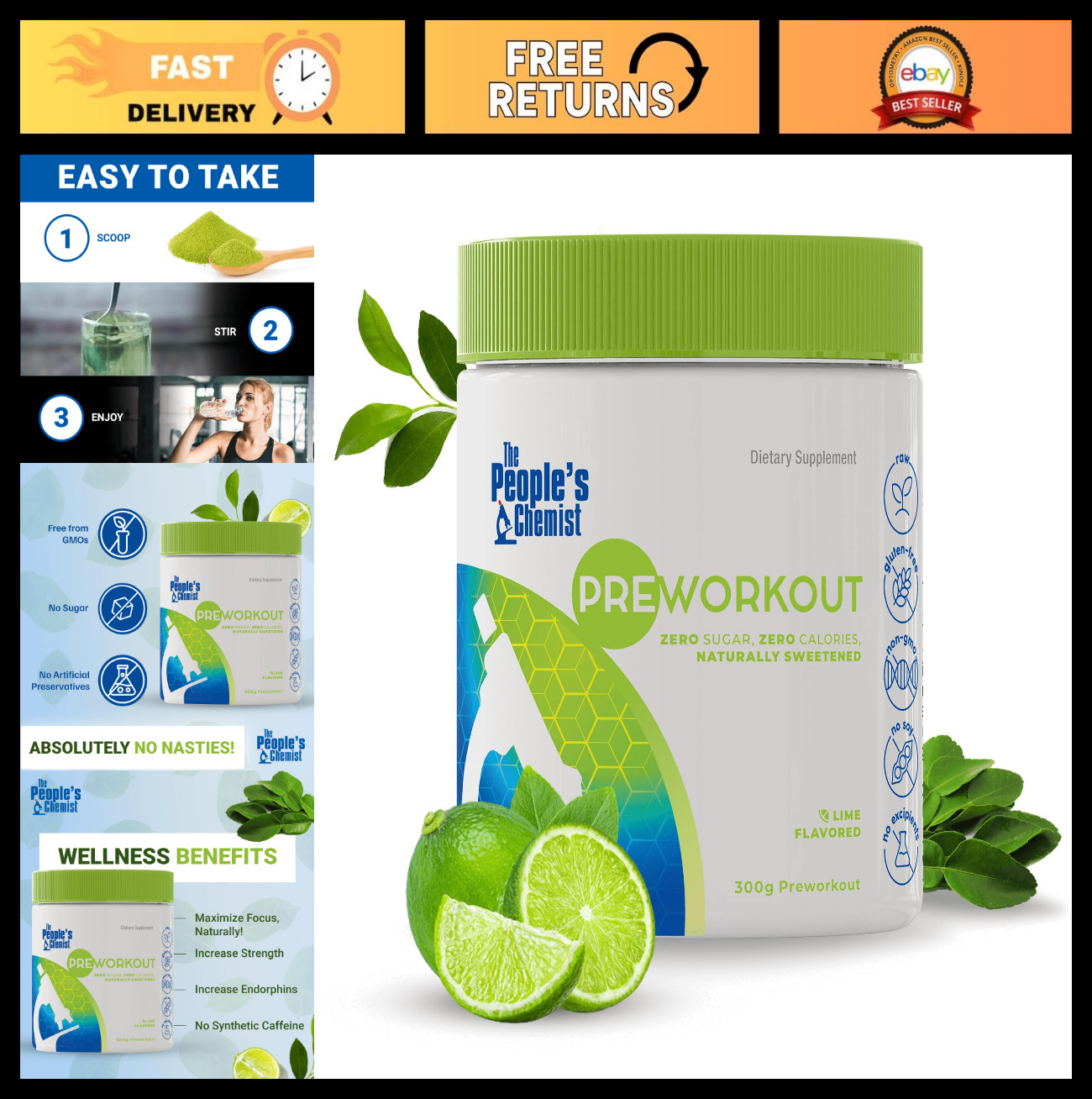 Natural Pre-Workout Supplement – Lime Flavor, Energy, Focus & Endurance, No Suga
