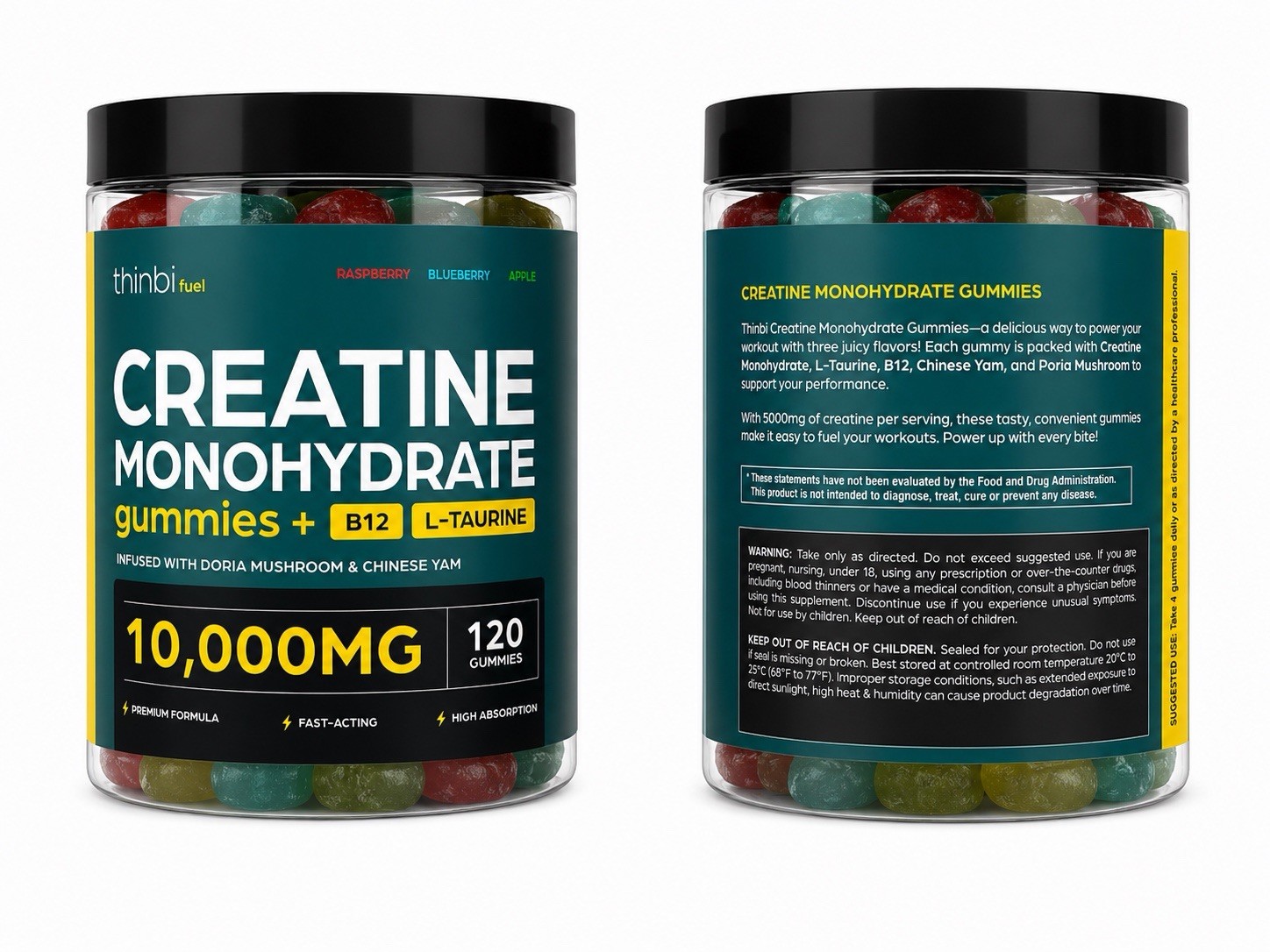 thinbi fuel Creatine Gummies B12 L-Taurine 10,000mg 120ct Raspberry/Blueberry