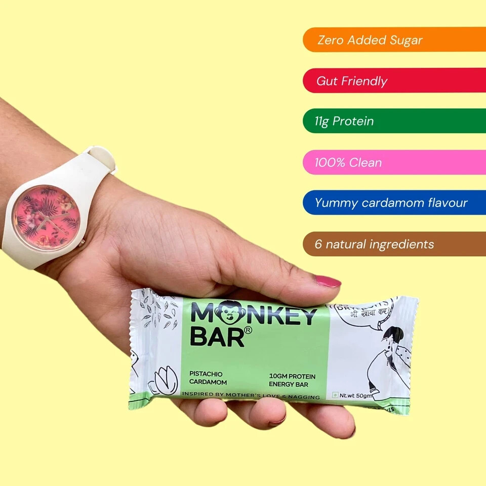 MONKEY BAR – Pistachio Cardamom Protein Bar – 8 Bars, 50g each, 11g Protein, Hig