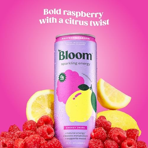 Bloom Nutrition Sparkling Energy Drink 12 Fl Oz (Pack of 12) Raspberry Lemon
