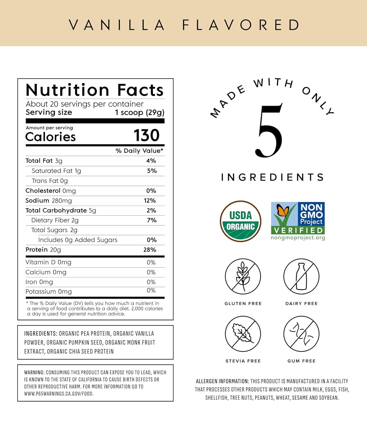 Truvani Organic Plant Based Protein Powder Vanilla 20 Servings Vegan Keto