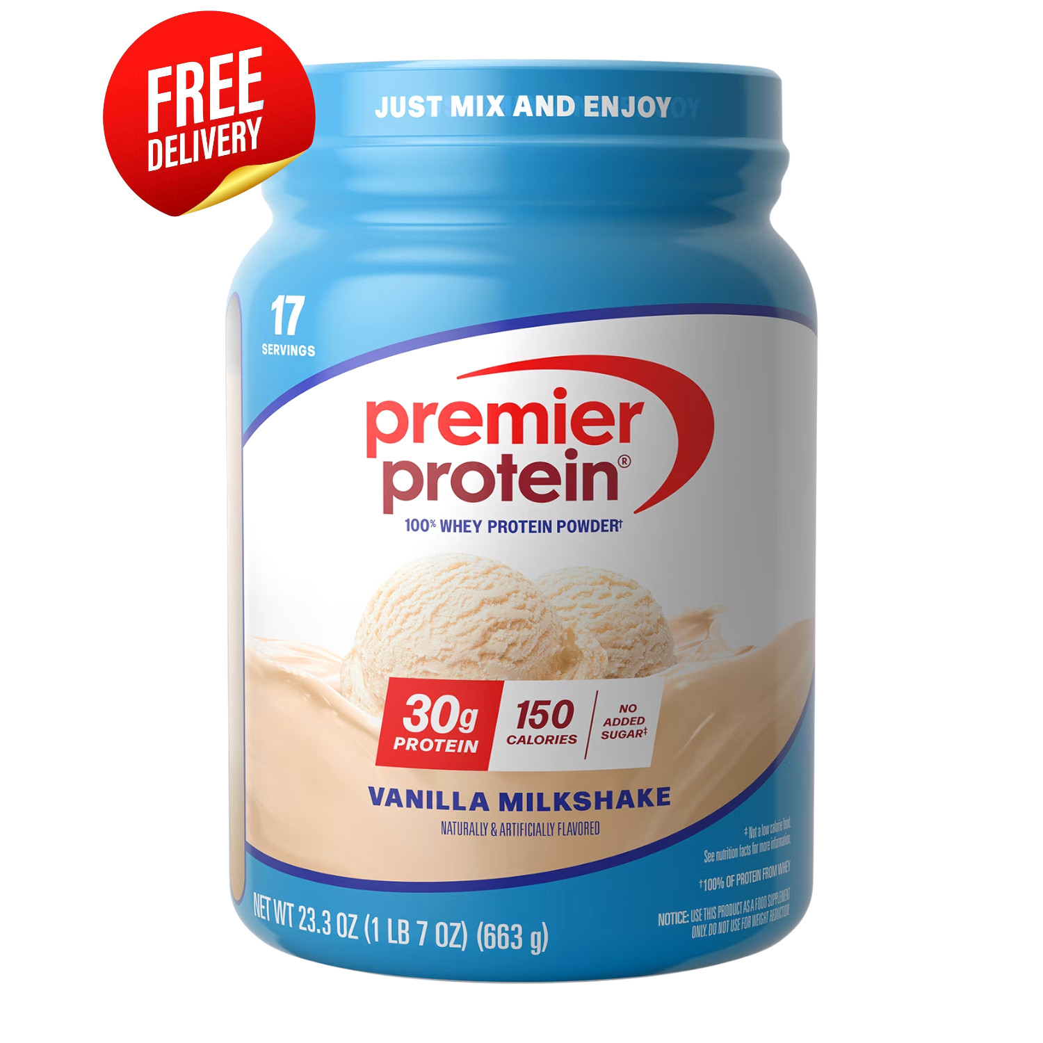 Premier Protein 100% Whey Protein Powder Vanilla Milkshake 23.3 oz 30g Protein
