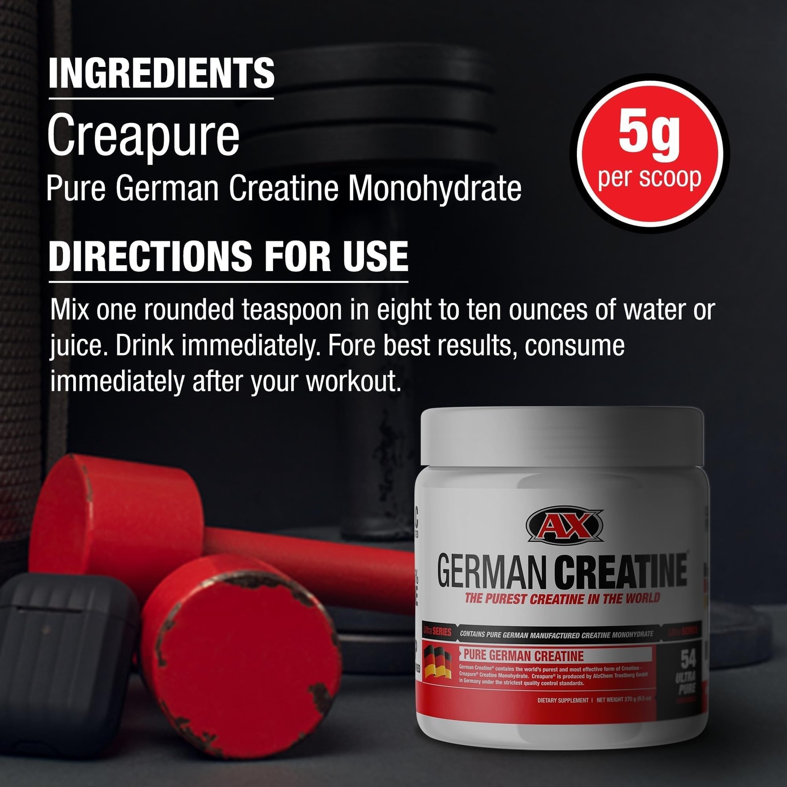 German Creatine (Pure Creapure, The Purest Creatine Monohydrate Available – 2…