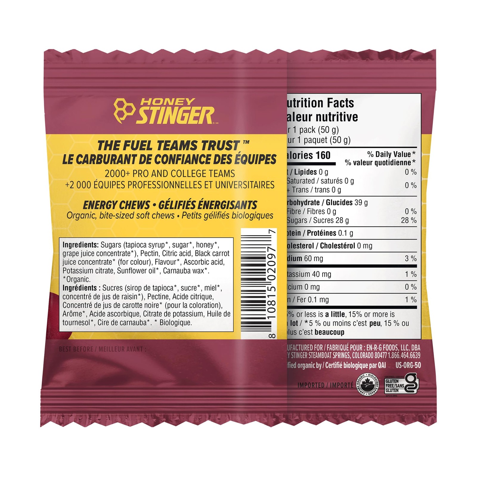 Honey Stinger Organic Pomegranate Passionfruit Energy Chew, 12 Count, Red