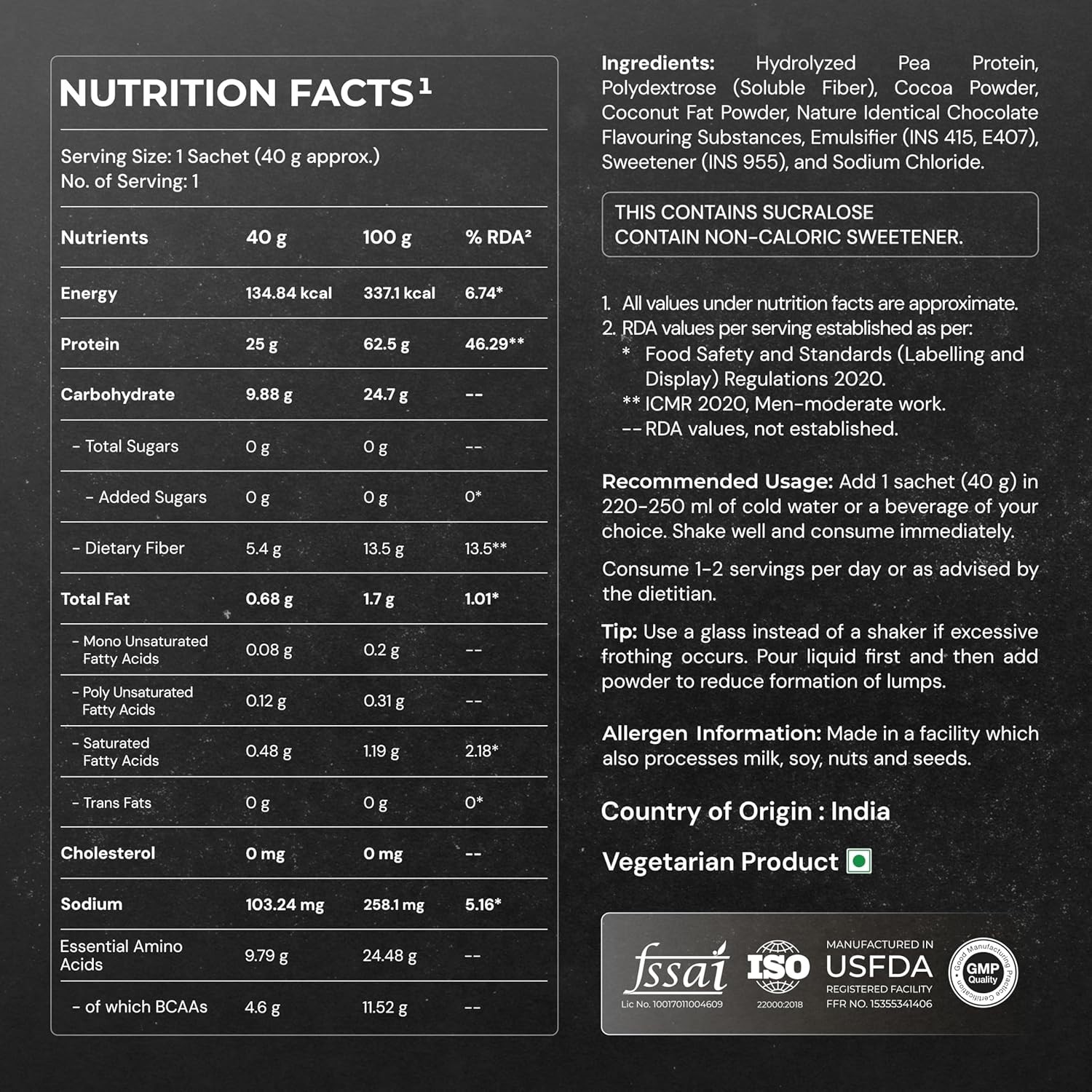 Pea Protein Powder 25g Protein, 4.6g BCAA, 5gFiber | Rich Chocolate, 1 Serving