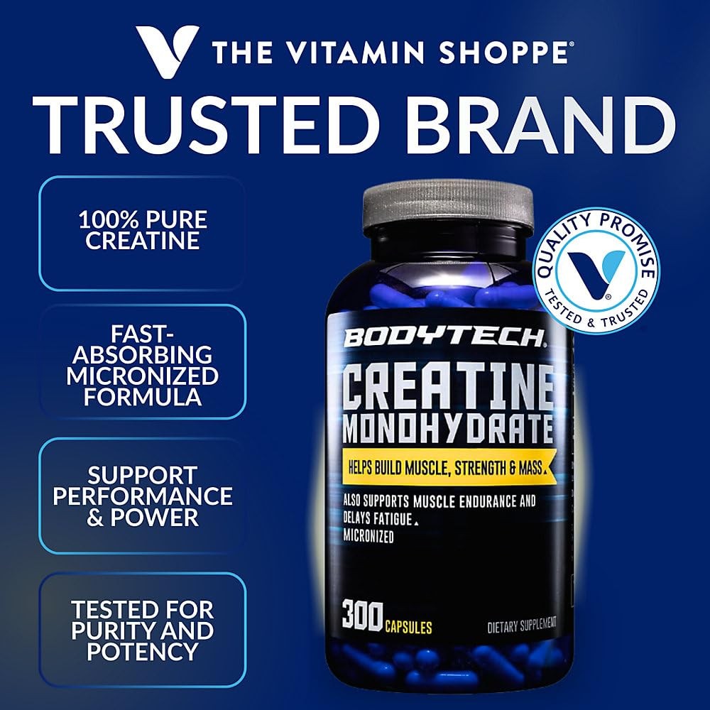 BodyTech Creatine Monohydrate Capsules, 300 Count (Pack of 1), No Color