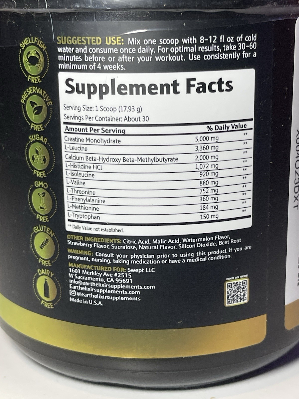 Earth Elixir Creatine + HMB EAA & BCAA Watermelon Powder 30 Servings NEW