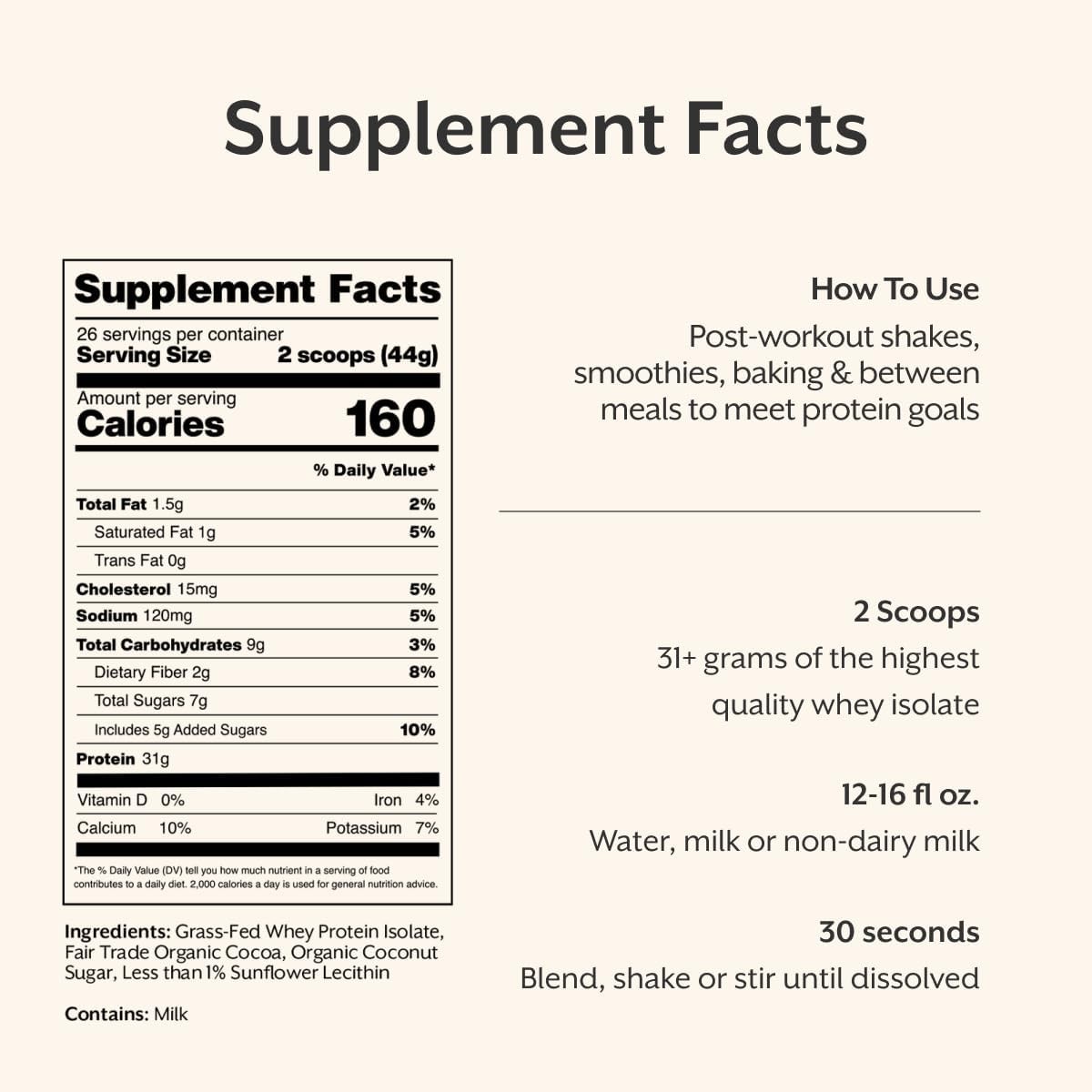 Whey Protein Isolate Powder, Chocolate – Grass-Fed – ­Post Workout Fitness & Nut