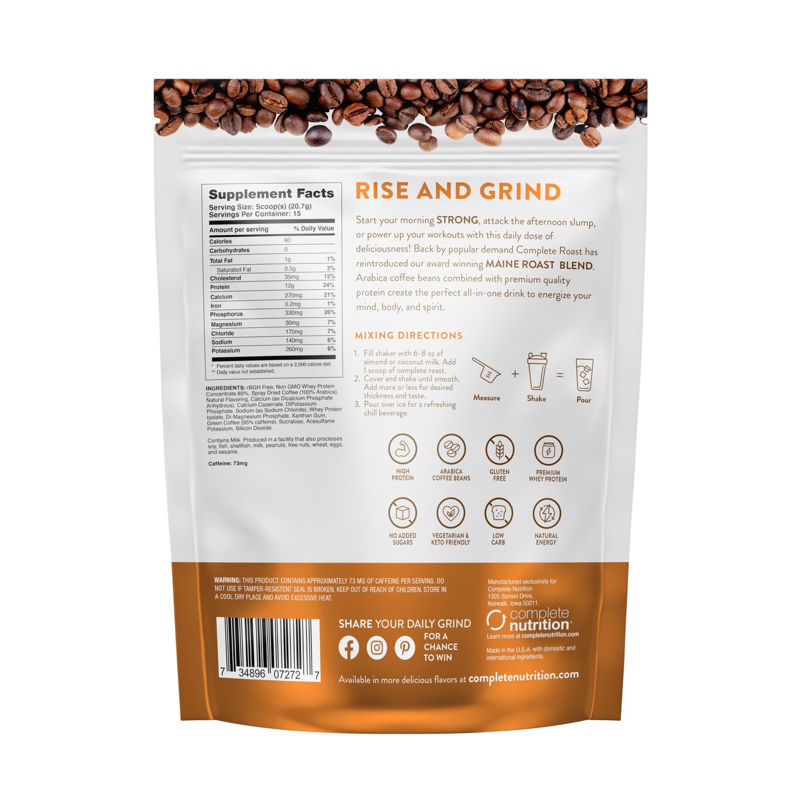 Complete Roast Caramel Frappe Protein Coffee, 0 Carbs, 60 Calories, Low Fat