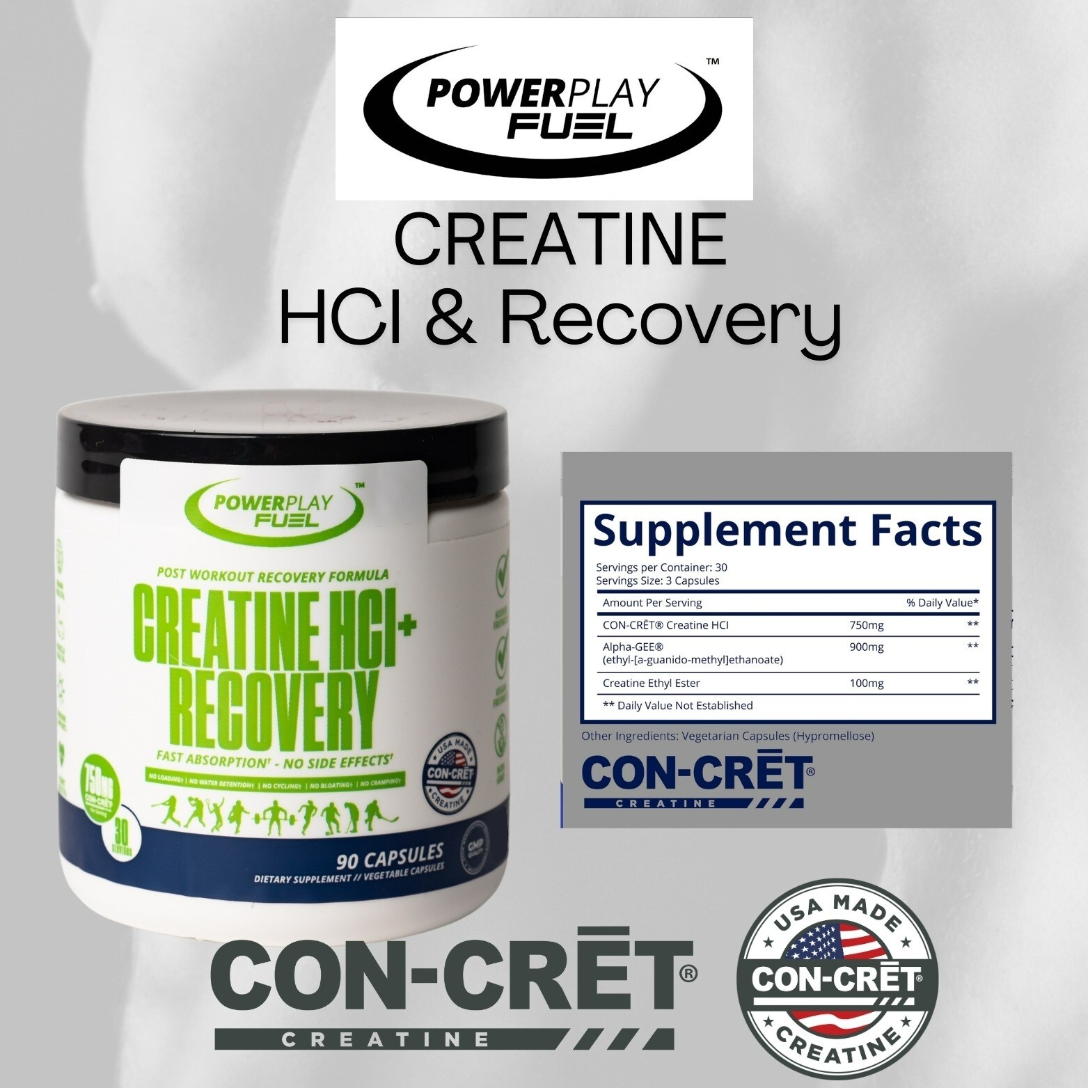 Power Play Fuel CREATINE HCl + Recovery Capsules – 90 Vegetable Capsules