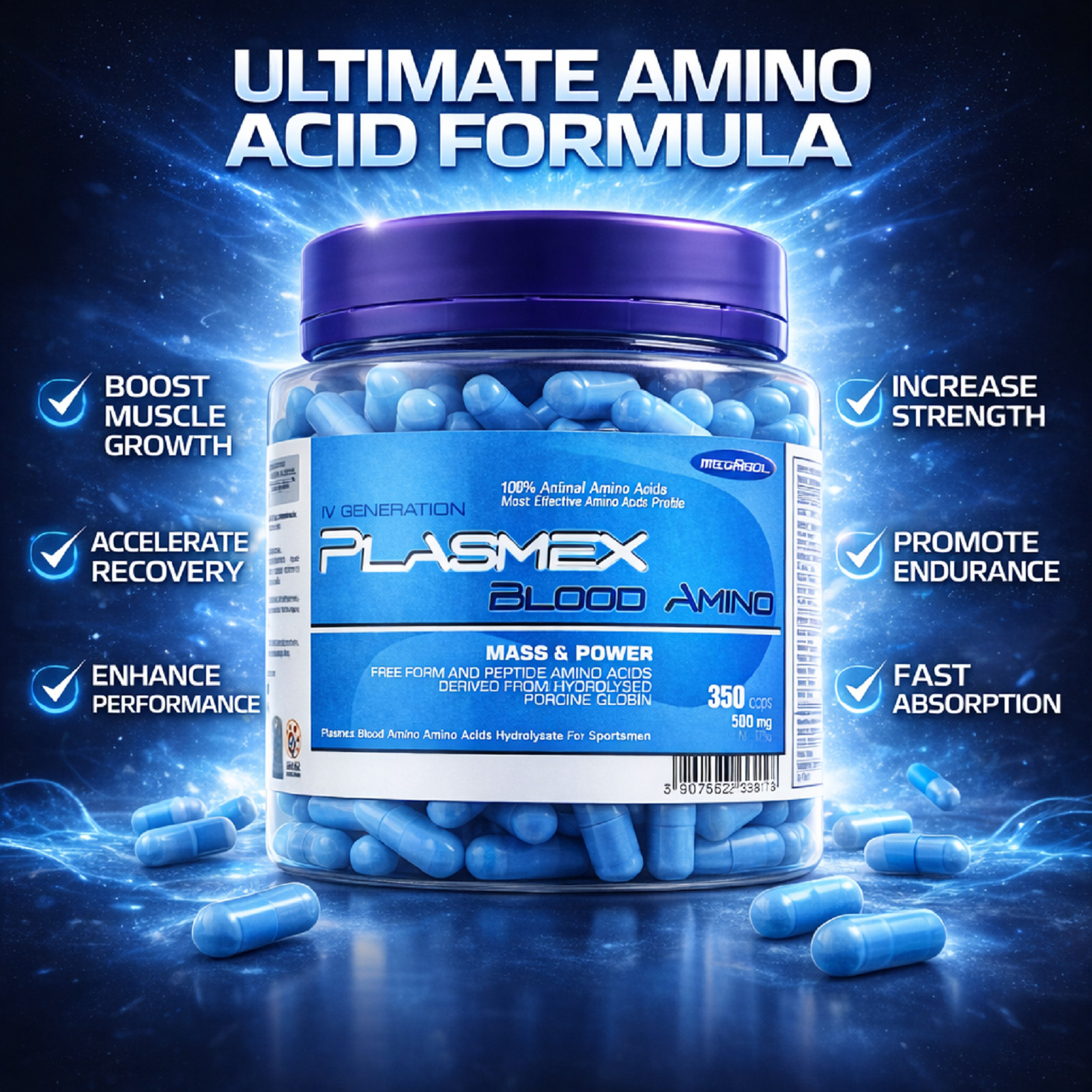 PLASMEX 350 Capsules Anabolic Amino Acids BCAA – Mass & Power – Muscle Growth