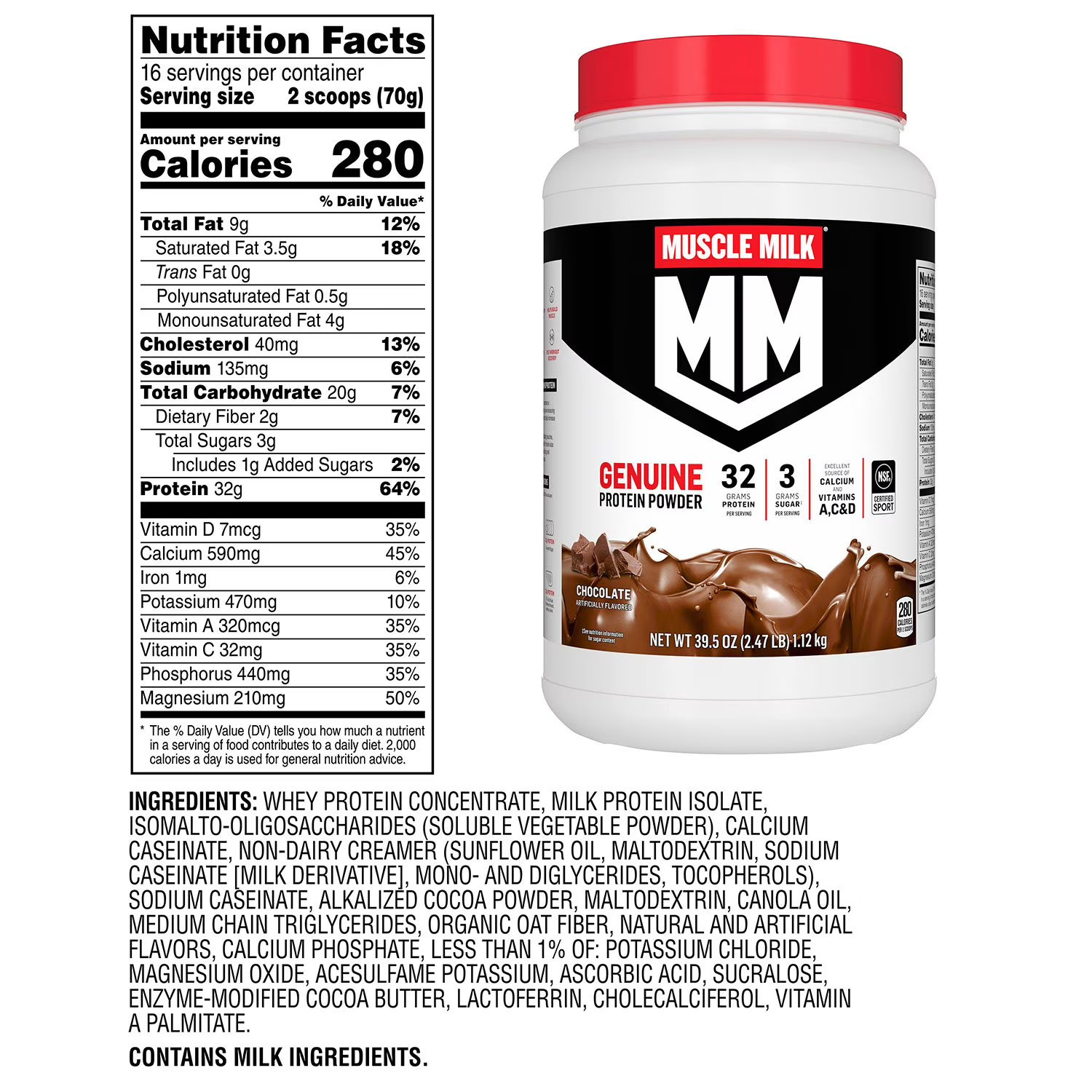 Muscle Milk Genuine 32g Whey Protein Powder, Chocolate 2.47 Pounds