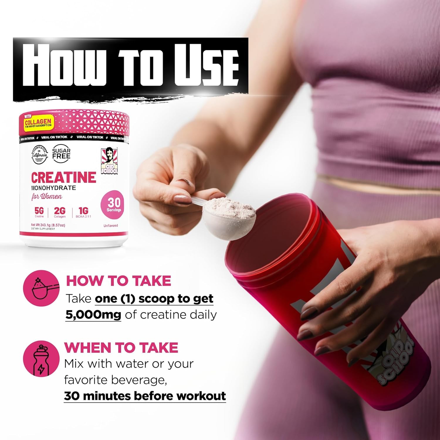 School Old Labs Creatine Powder w/ Collagen & BCAA for Women – 30 Servings