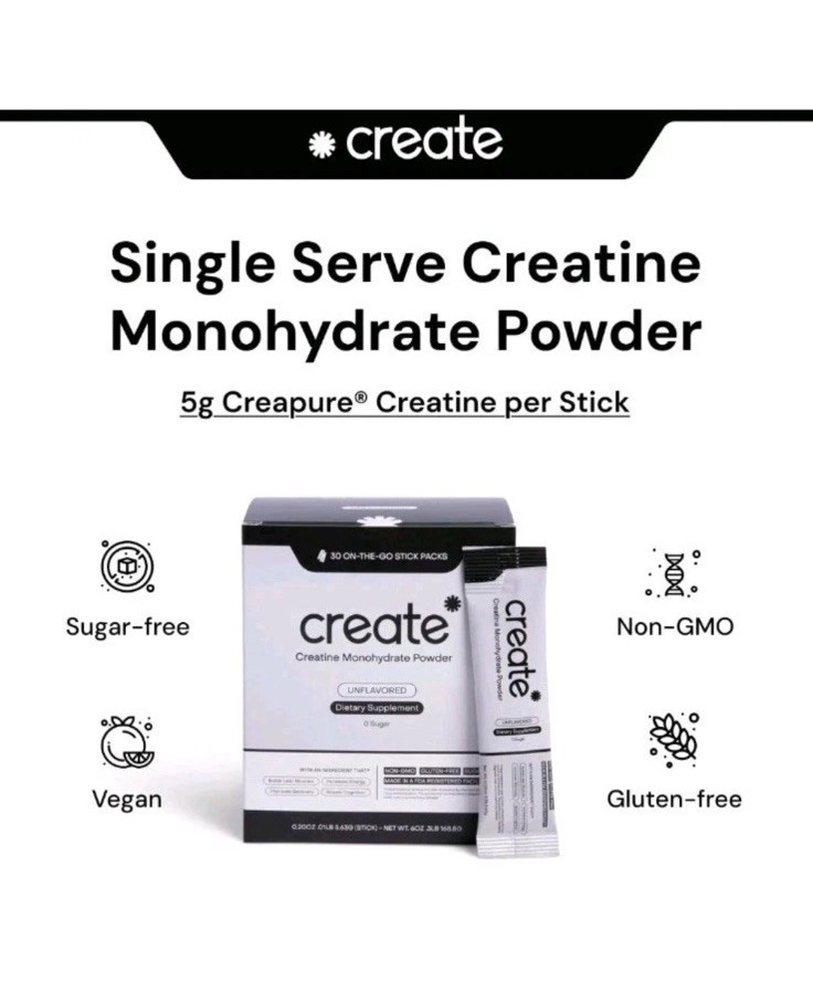 Create Creatine Monohydrate Powder Unflavored 30ct On-The-Go Stick Packs 08/2027