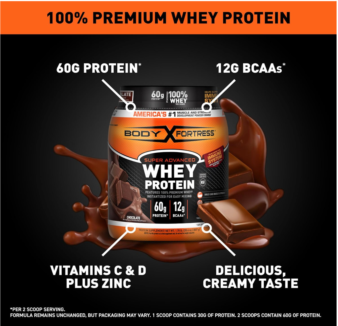 Body Fortress 100% Whey, Premium Protein Powder, Chocolate, 1.78lbs