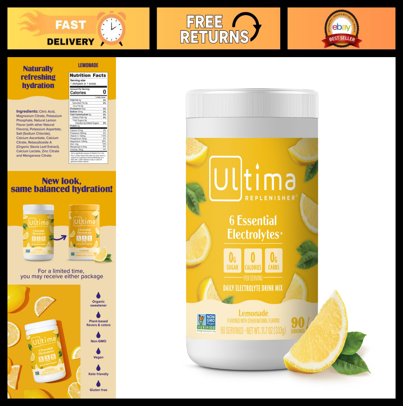 Electrolyte Powder Drink Mix – 90 Servings, Zero Sugar Lemonade, Keto Friendly,