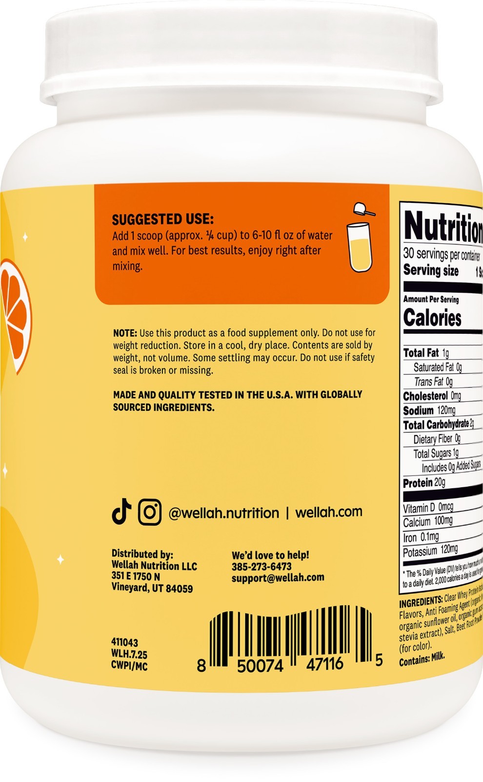 Wellah Clear Whey Protein Isolate Powder (Mango Clementine) 30 Servings