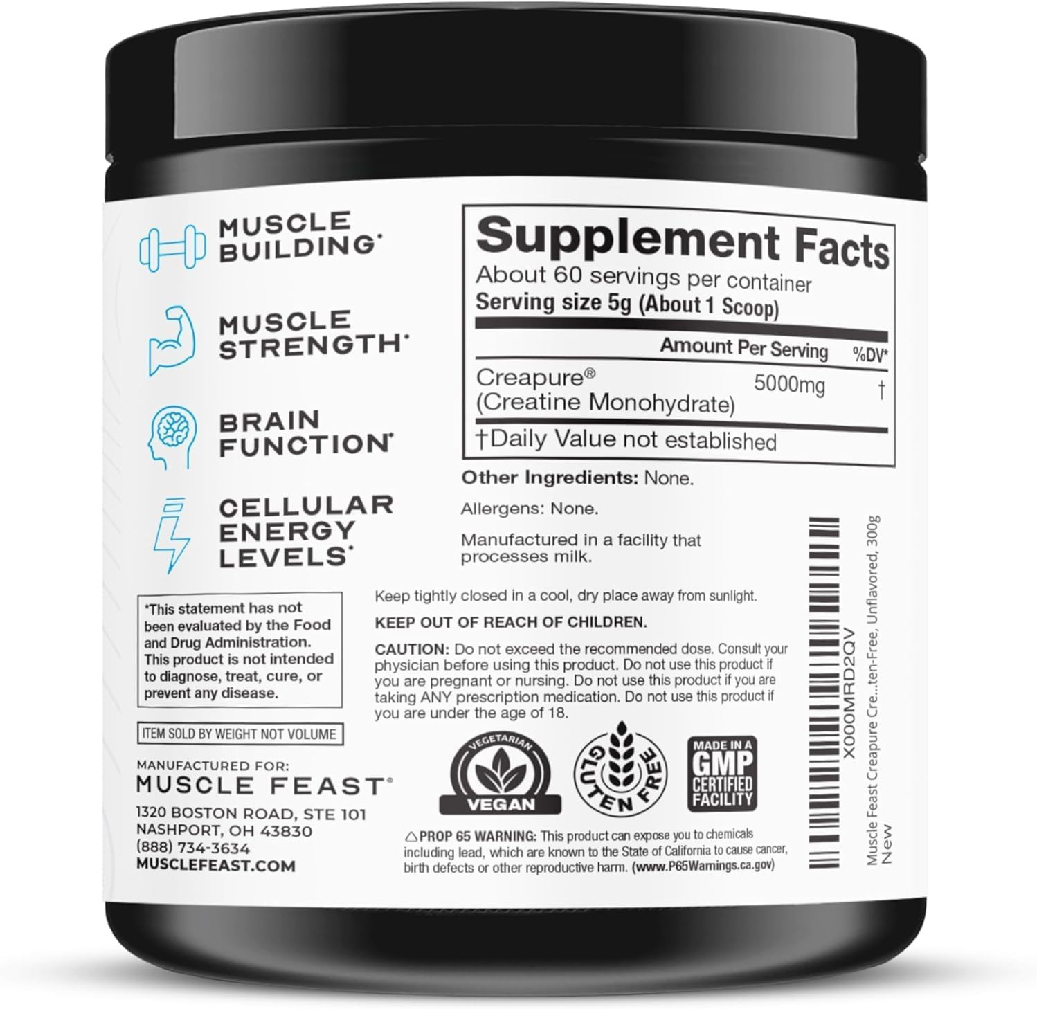 Creapure Creatine Monohydrate Powder, Vegan Keto Friendly Gluten-Free, Mass Gain
