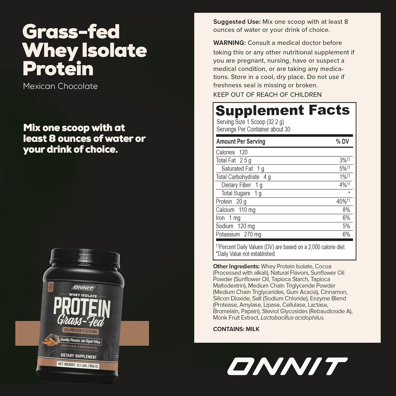 ONNIT Grass Fed Whey Isolate Protein, Mexican Chocolate, 30.7oz