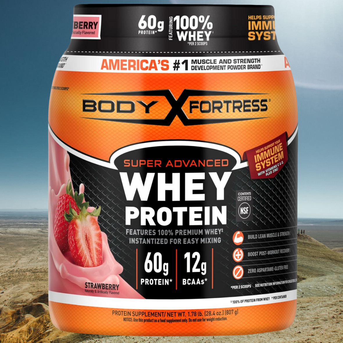 Body Fortress Super Advanced Whey Protein Powder, Strawberry, 1.78 lbs