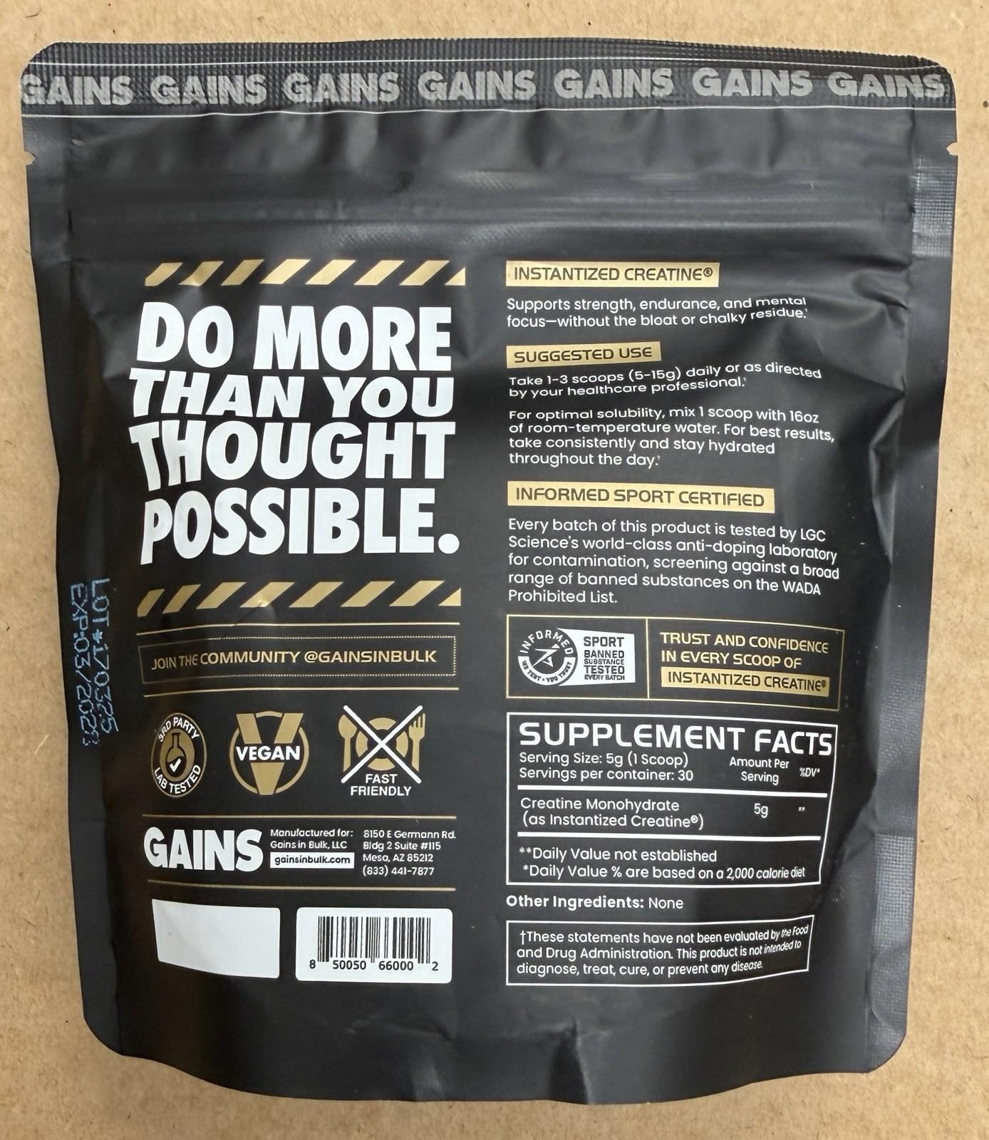 Instantized Creatine Monohydrate Gains in Bulk, Unflavored – 30 Servings