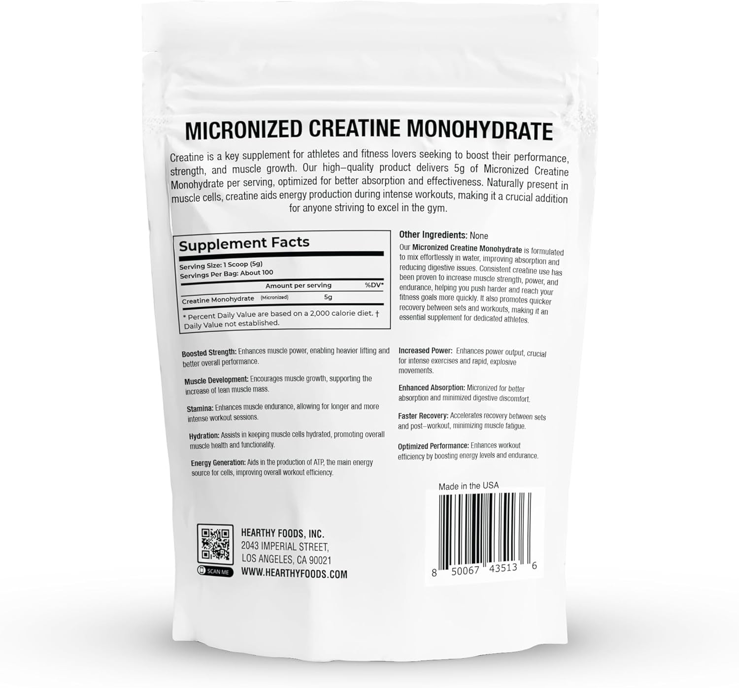 HEARTHY FOODS Creatine Monohydrate Powder 500g, Unflavored, 100 Servings