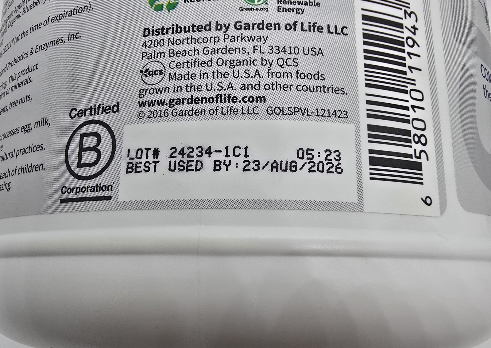 Garden of Life Sport Organic Plant-Based 30g Protein Vanilla 30 OZ BB 08/23/26