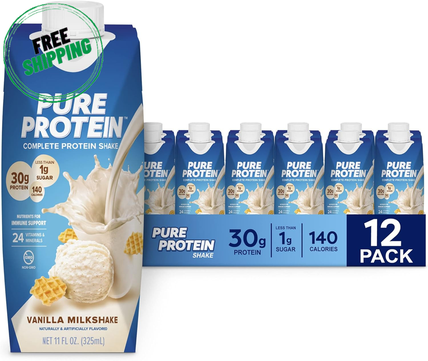 Pure Protein Vanilla Protein Shake, 30G Complete Protein, Vitamins A, C, D, and