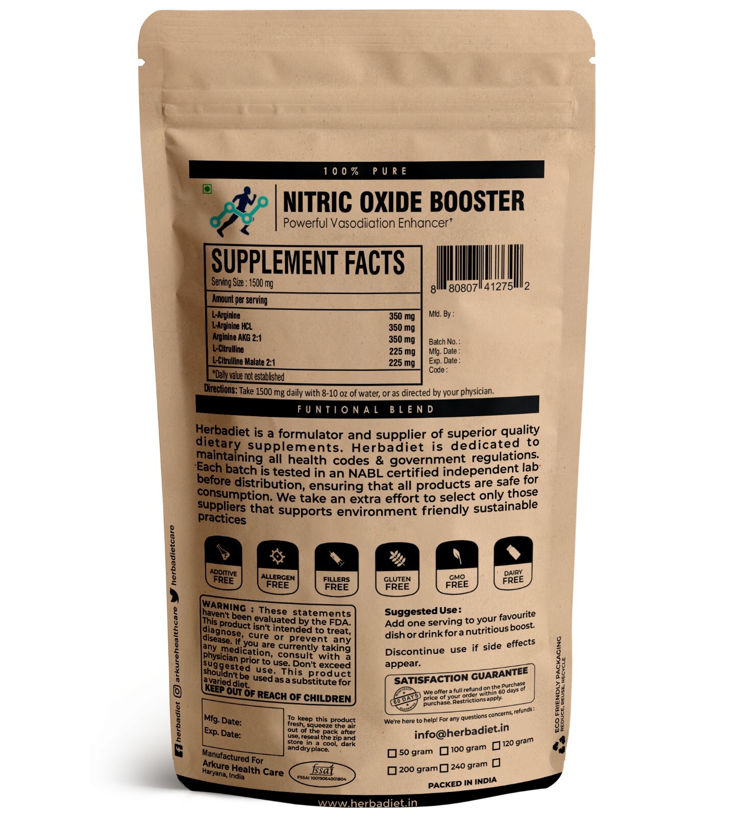 Nitric Oxide Booster Supplement L-Arginine L-Citrulline 1500mg for Blood Flow