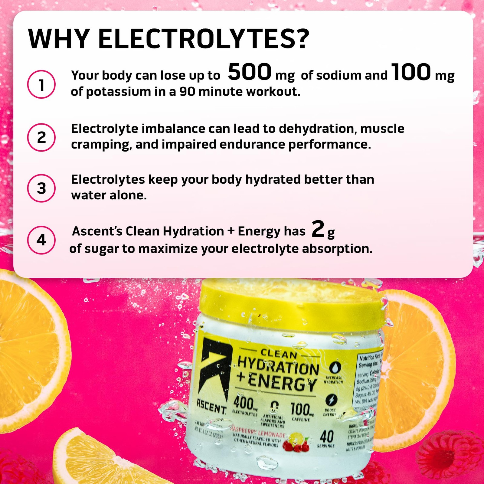 Ascent Clean Hydration + Energy Electrolytes Powder – 100mg Caffeine, 400mg Elec