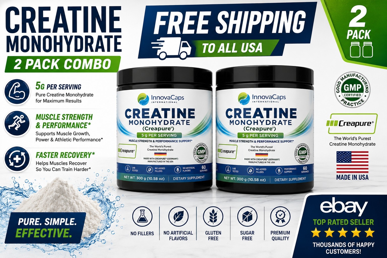 Creatine Monohydrate Creapure Powder 300g 2 Pack 5g/Serving