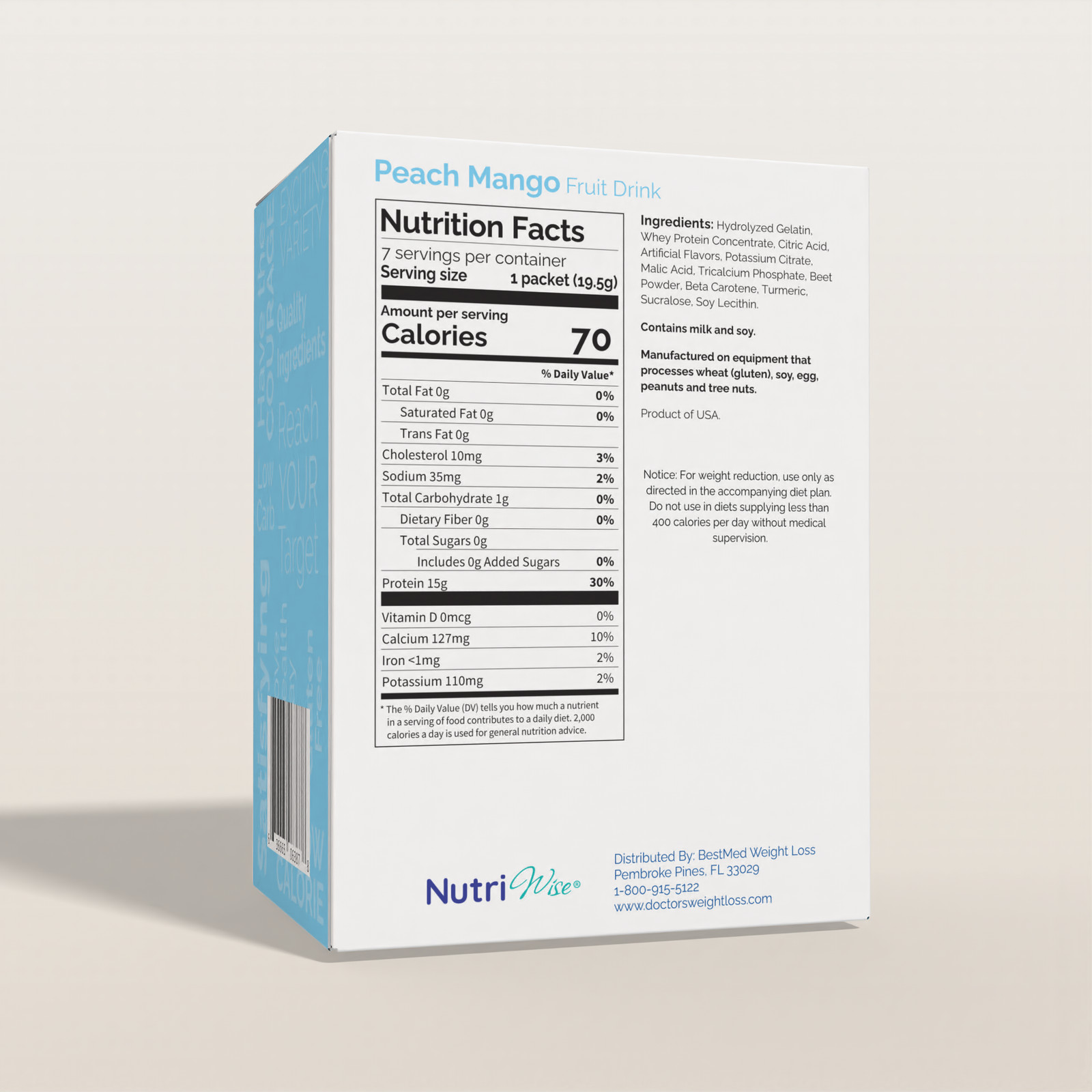 NutriWise Peach Mango High Protein Fruit Drink, Low Calorie, Low Sugar 7ct