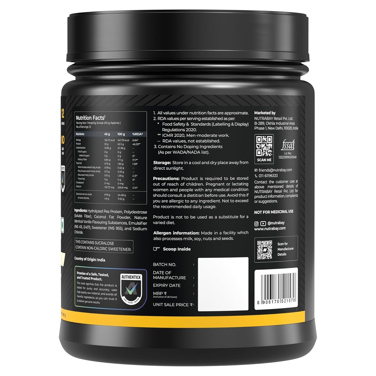 Plant Based Protein Powder 25g Protein ,4.6g BCAA | French Vanilla , 12 Servings