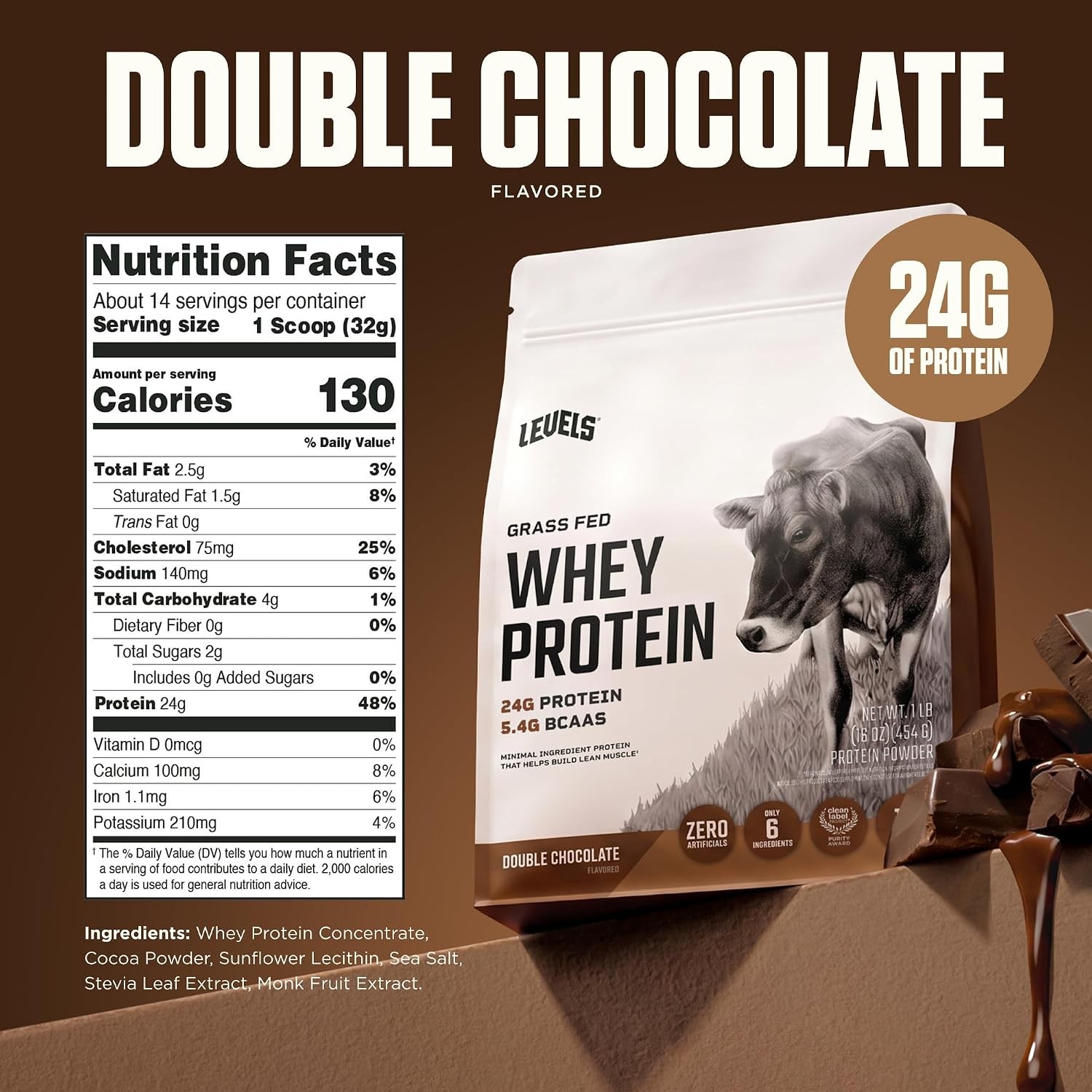 Double Chocolate Whey Protein Powder 24G 1LB No Artificial Flavors No