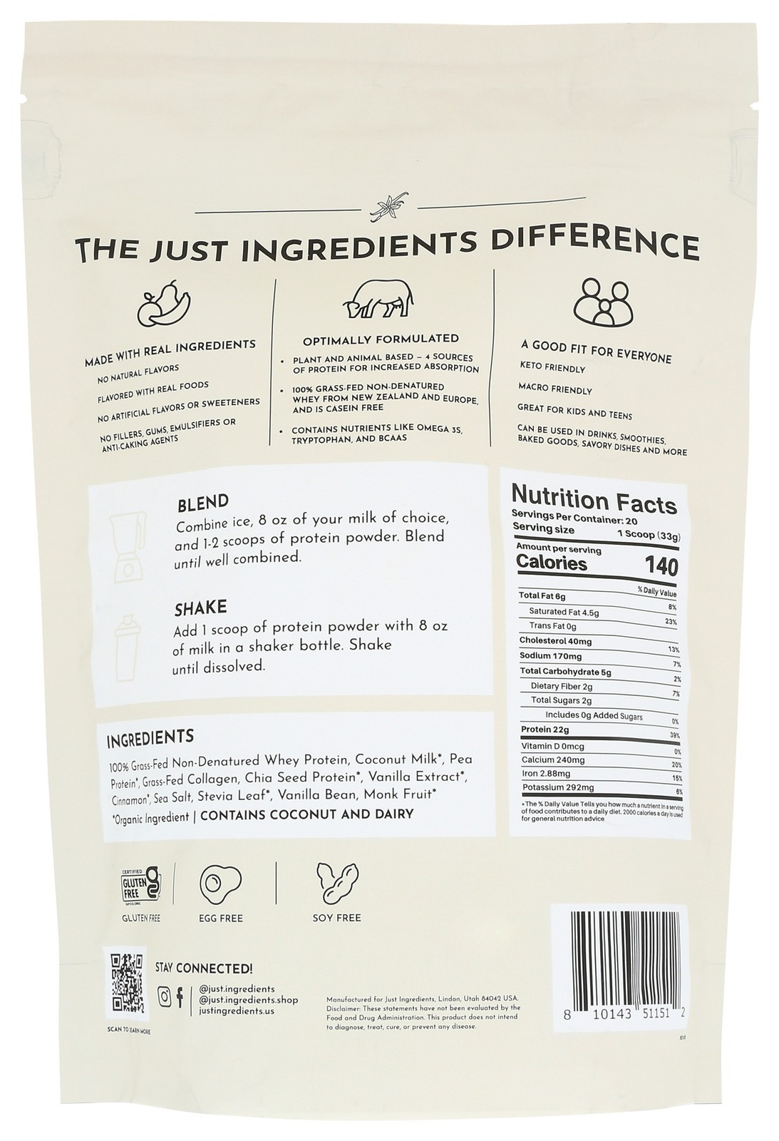 Vanilla Bean Protein Powder By Just Ingredients 20 Servings 22 Grams 1 Pack