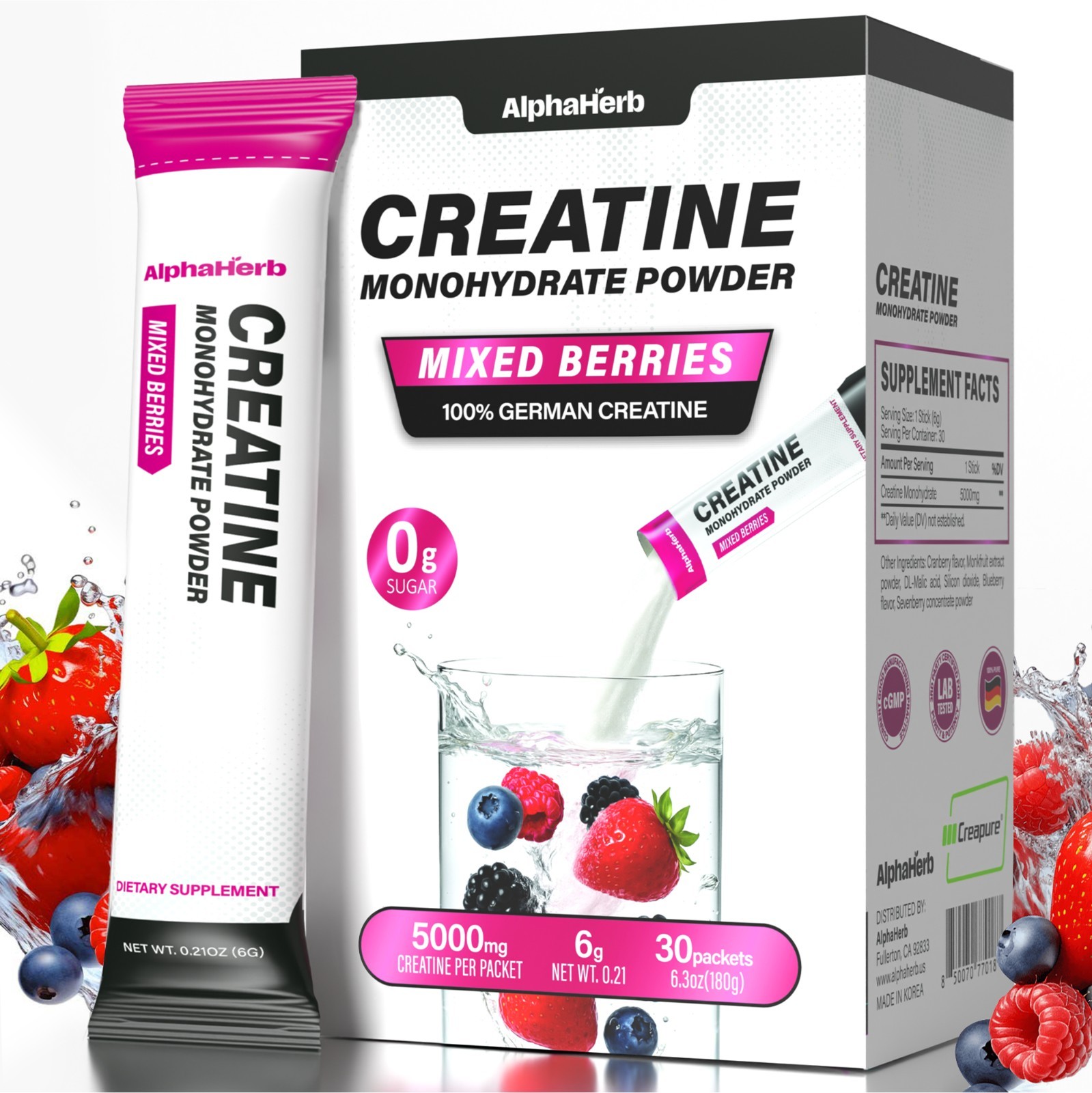 AlphHerb Creatine Monohydrate Powder Creapure GermanSourced 30 Stick Pack 5000mg