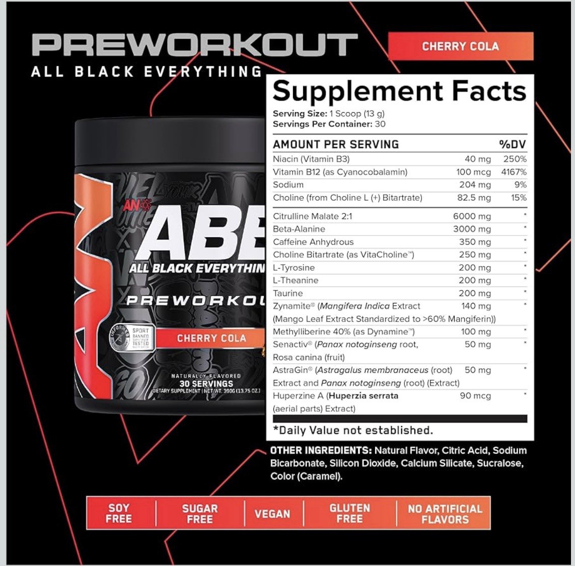 All Black Everything Pre-Workout 350mg Caffeine Cherry Cola Flavor 30 Servings