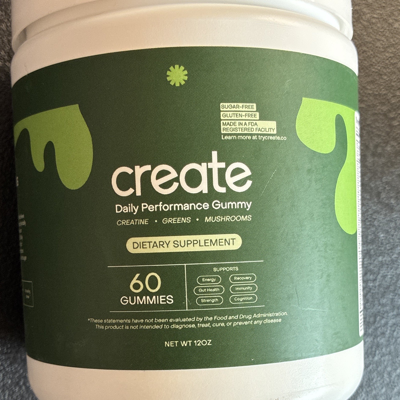 create Daily Performance Creatine Greens Mushrooms Gummies 60ct exp Jul 26