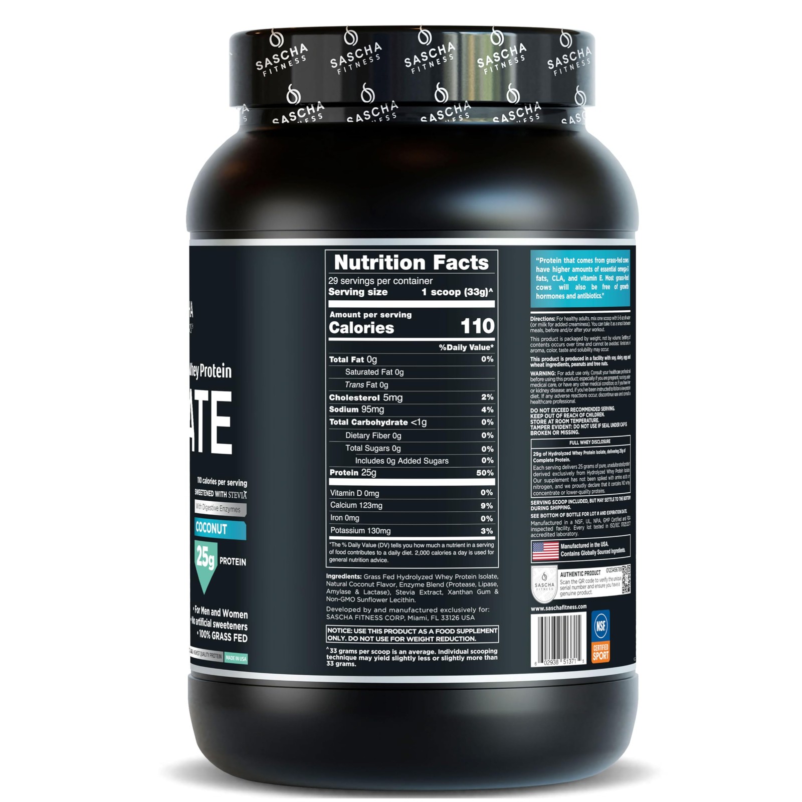 SASCHA FITNESS Hydrolyzed Whey Protein Isolate,100% Grass-Fed (2 Pounds, Coconut